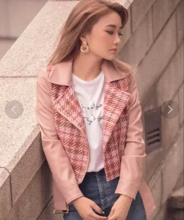 핑크 체크 무늬 라이더 자켓