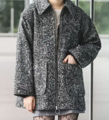 레이빔즈 트위드 지퍼 하프 코트