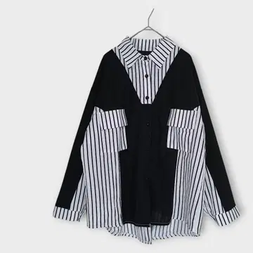 긴팔 절개 디자인 셔츠 L 상당 스트라이프 모노톤 백 버튼