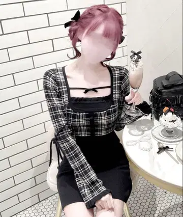 honeymew 체크 리본 도킹 원피스 블랙 XS