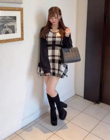 evelyn 볼레로 체크 OP 니트 원피스