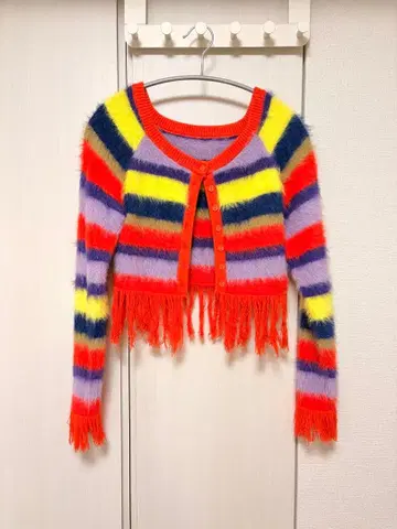 프린지 장식 레인보우 스트라이프 가디건