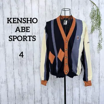 켄쇼 아베 가디건 4 울 100% 아가일 V넥 레트로