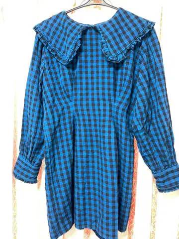 jouetie 파랑과 블랙 체크 무늬 프릴 옷깃 원피스