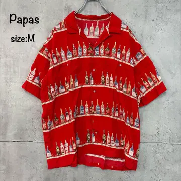 새상품급 PAPAS 파파스 보틀 패턴 프린트 하와이안 셔츠 레드 실크 .