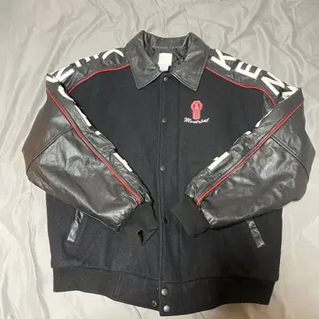 [ 하나뿐인 ] 캐나다제 울 바시티 자켓 가죽 절개 암 디자인 블랙 L