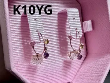 K10YG 하트형 크리스탈과 퍼플 스톤의 후프 귀걸이