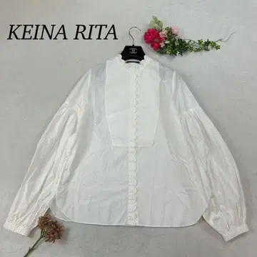 K41 M 케이 나리타 스캘럽 퍼프 슬리브 블라우스 화이트 여성용