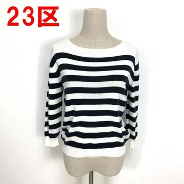 A5838 23구 7부 소매 니트 스웨터 상의 면 보더 화이트 블랙 38