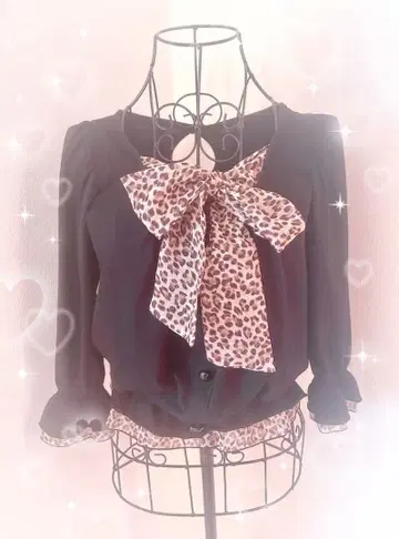 공주 갸루 헤이세이 y2k 리본 포함 레오파드 무늬 블라우스