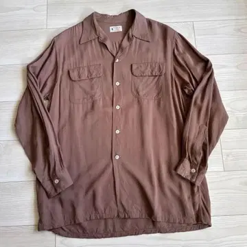 극상 60s 레이온 개버딘 오픈 카라 셔츠 브라운