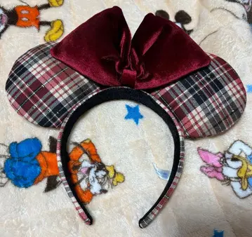 디즈니 체크 무늬 머리띠 보르도 레드