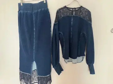 mame 데님 맨투맨 레이스 셋업