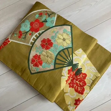 앤티크 나고야 오비 부채 문양 직조 다이쇼 로망 순수 실크 N6-25