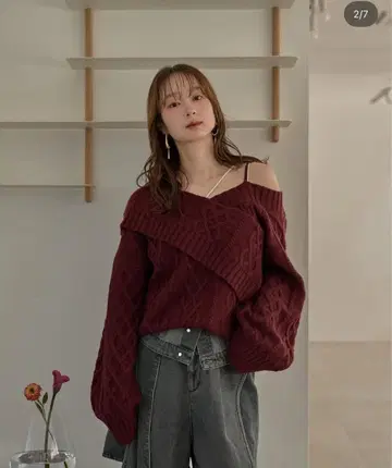 mideal 마이딜 원숄 케이블 니트 보르도