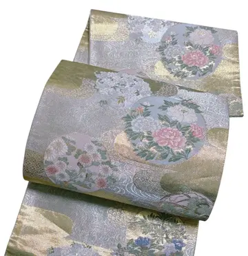 A 196 후쿠로 오비 육통 패턴 당직 금실 꽃무늬 순수 실크 기모노