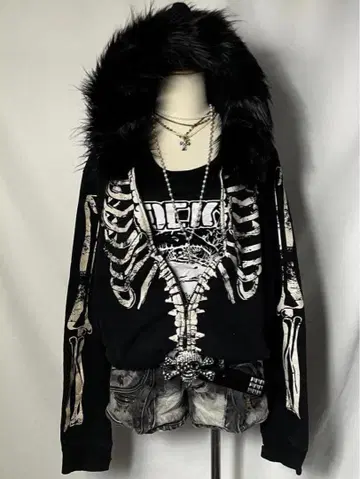 헤이세이 갸루 00s 스켈레톤 프린트 퍼 후드티 Y2K 펑크