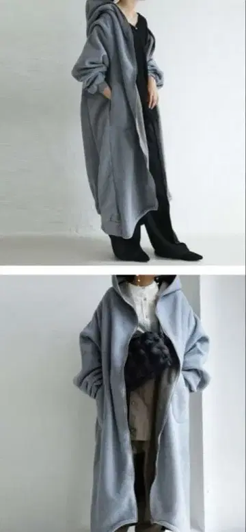 그레이 후드 부착 롱 코트