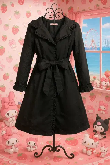 M-PREMIER 리본 벨트 사이즈 36 프릴 블랙 롱 코트