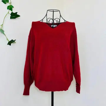 plst 소프트 레이온 폴리 V넥 니트 골드 버튼 M 레드