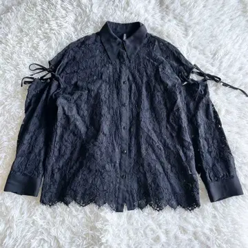 현행 AULA AILA 루즈 레이스 셔츠 긴팔 블랙 겉옷 리본 자수