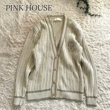 핑크하우스 엠블럼 자수 케이블 짜임 니트 가디건 라메
