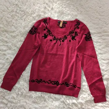 KEITA MARUYAMA V넥 긴팔 니트 자수 울 핑크 2