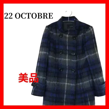 블루 계열 체크 무늬 더블 브레스트 코트 P 코트 롱 코트 B2095