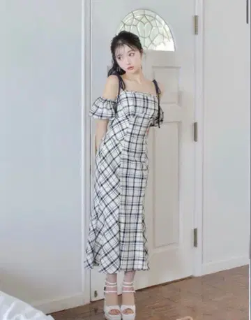 m me eme 2way 체크 롱 머메이드 드레스