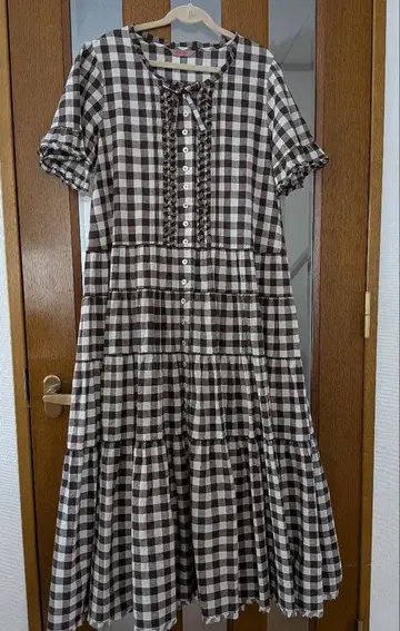 PINK HOUSE 체크 무늬 반팔 롱 원피스