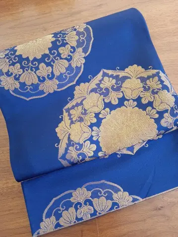 나고야 오비 파란 바탕 골드 컬러 꽃 무늬