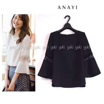 ANAYI 더블 크로스 소매 레이스 블라우스 블랙