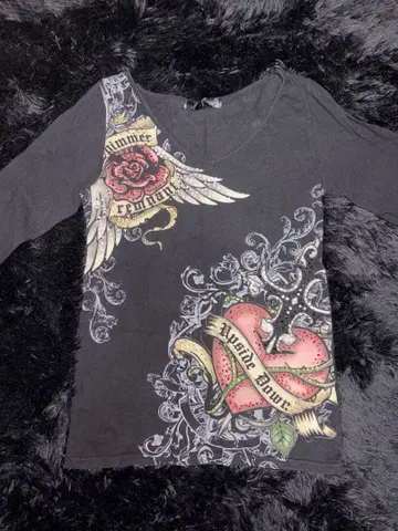 헤이세이 갸루 긴팔 상의 롱 T 큐빅 장미 y2k