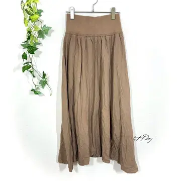 퍼리 레이트 롱 기장 플레어 스커트 종아리 기장 브라운 허리 리브
