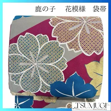 후쿠로 오비 후리소데 오비 사슴 무늬 꽃 무늬 금실 기모노 044a p