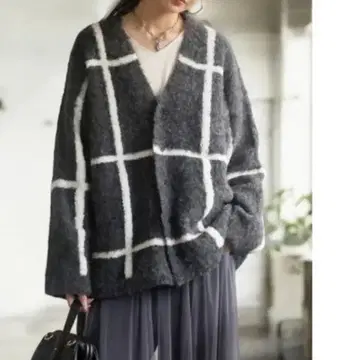 antiqua 니트 가디건 다크 그레이 화이트 체크 V넥