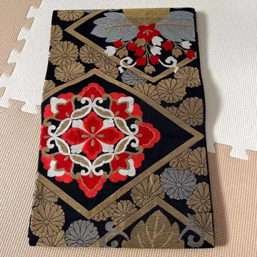 럭셔리 꽃무늬 후쿠로 오비 블랙 레드 금, 마름모에 당초무늬