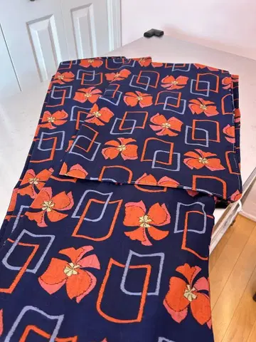 울 기모노 레트로 사이키 네이비 오렌지 꽃무늬