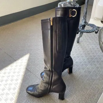 블랙 가죽 롱 부츠 사이드 지퍼