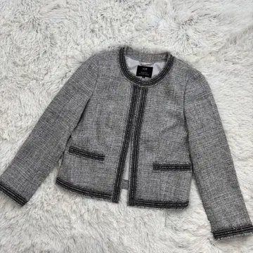 23구 트위드 노카라 자켓 38 비즈 장식 실크 혼방 일본제