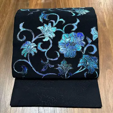 순수 실크 북 모양 후쿠로 오비 [ 블루 화당초 ]