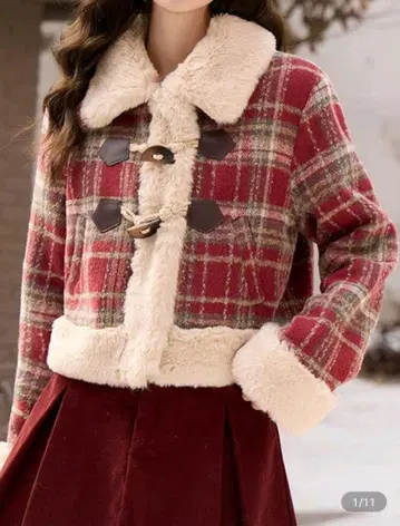 쉬인 트위드 체크 코트 빨간색