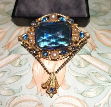 블루 & 골드 유리 빈티지 브로치