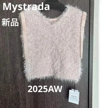 [ 새상품 ] Mystrada 2025 숄더 리본 라메 페더 상의 연핑크
