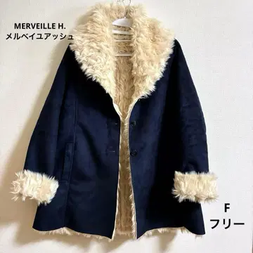 단 몇 회 착용 메르베유 아쉬 페이크 무스탕 코트 네이비 퍼 카라 부착