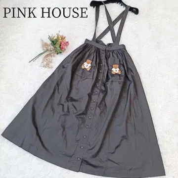 [ 핑크하우스 ] 오버롤 스커트 테디베어 자수 블랙 레이어드 롱