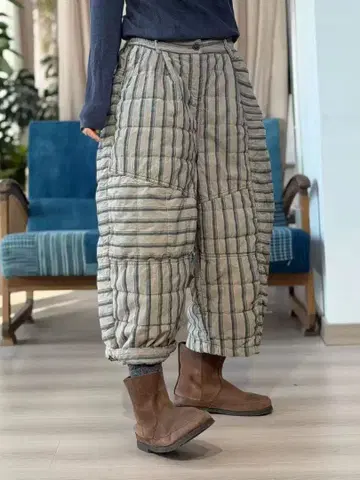 스트라이프 퀼팅 와이드 면 팬츠