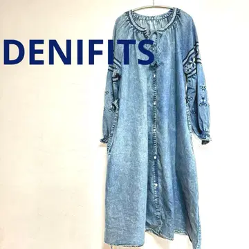 DENIFITS 데님 자수 긴팔 셔츠 원피스 여성용 M