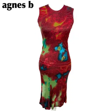 새상품급 agnes b 스커트 셋업 티셔츠 허리밴딩 레드 올 패턴