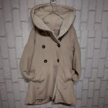 고품질 보아 코트 후드 달린 더블 버튼 푹신한 캐주얼 베이지 M